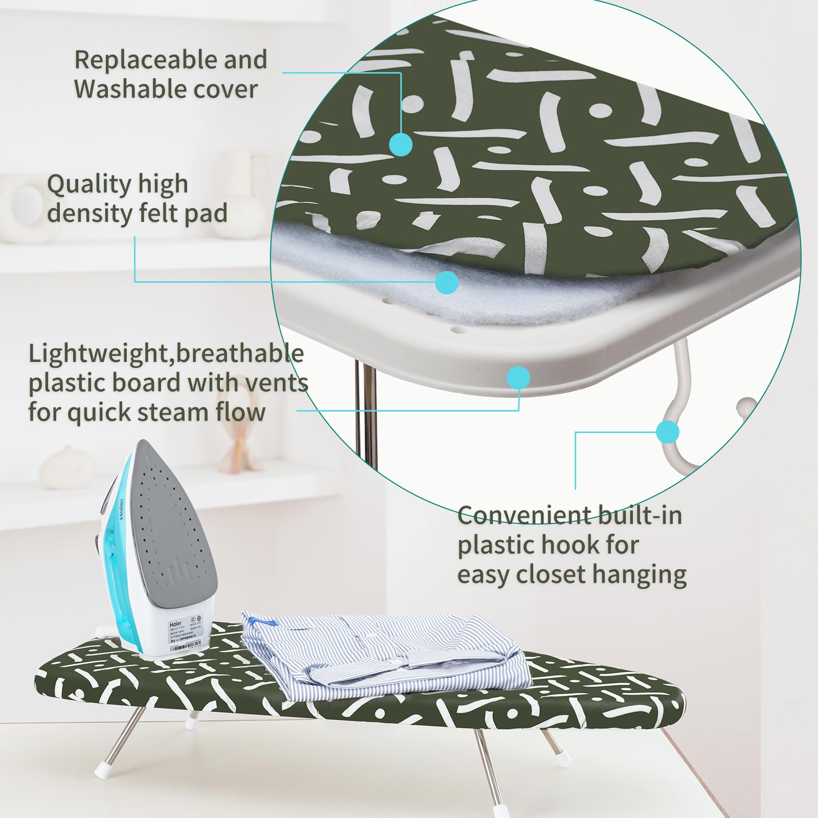 Slieton Tabletop Ironing Board 12"x29" – Portable Folding Ironing Board with Thick Felt Padding, Heat-Resistant Cover, Stainless Steel Legs, Compact & Space-Saving Design