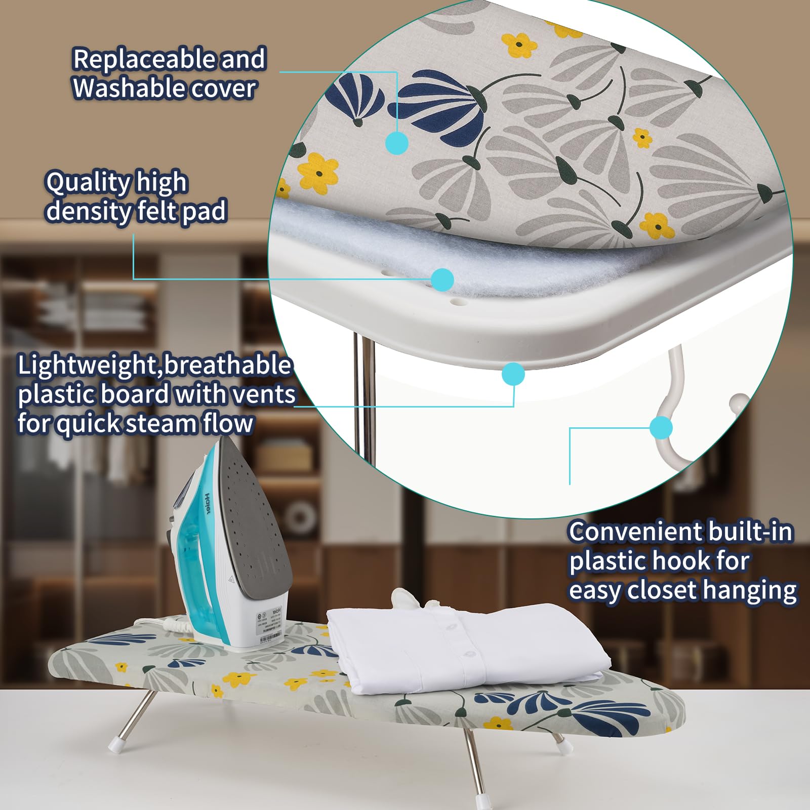 Slieton Tabletop Ironing Board 12"x29" – Portable Folding Ironing Board with Thick Felt Padding, Heat-Resistant Cover, Stainless Steel Legs, Compact & Space-Saving Design