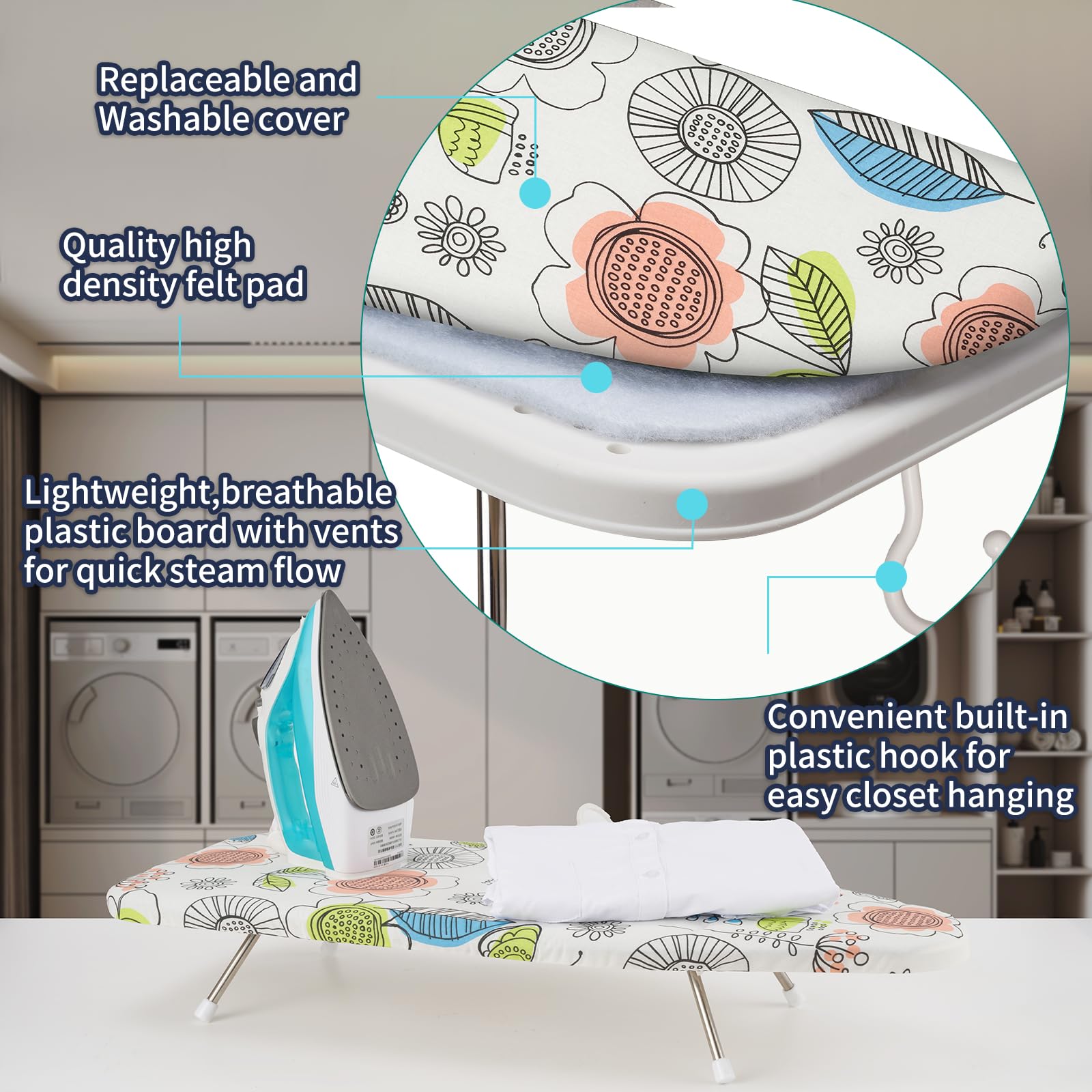 Slieton Tabletop Ironing Board 12"x29" – Portable Folding Ironing Board with Thick Felt Padding, Heat-Resistant Cover, Stainless Steel Legs, Compact & Space-Saving Design