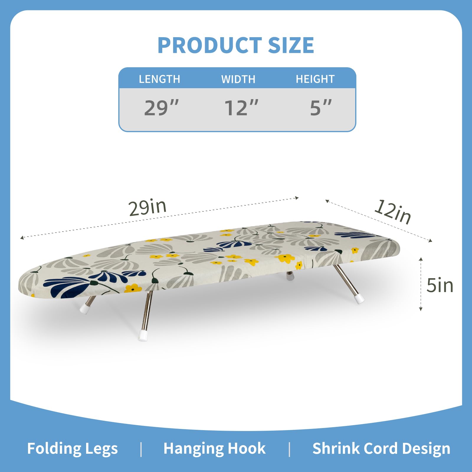 Slieton Tabletop Ironing Board 12"x29" – Portable Folding Ironing Board with Thick Felt Padding, Heat-Resistant Cover, Stainless Steel Legs, Compact & Space-Saving Design