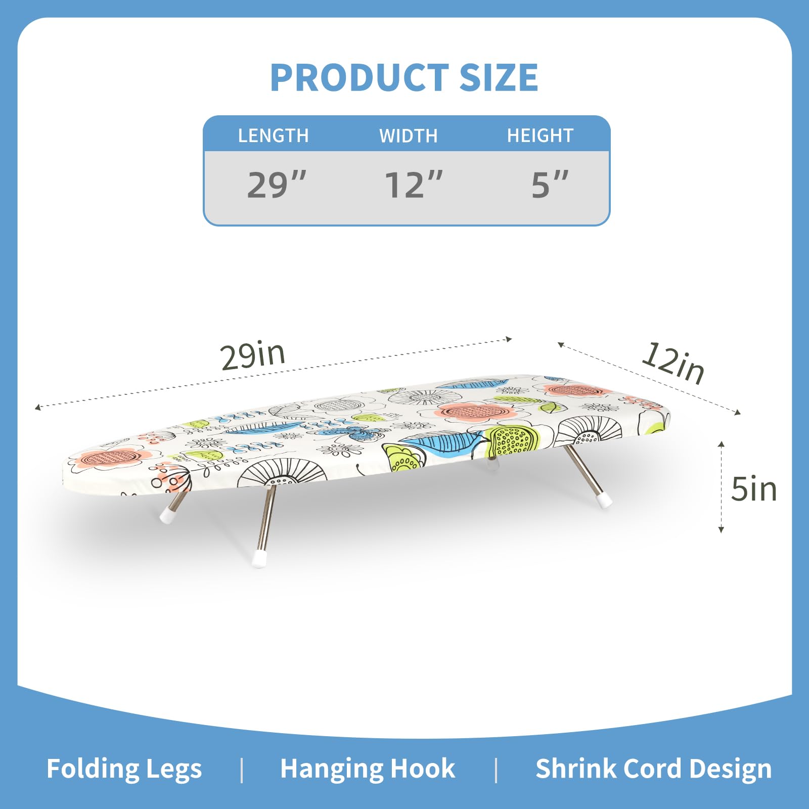 Slieton Tabletop Ironing Board 12"x29" – Portable Folding Ironing Board with Thick Felt Padding, Heat-Resistant Cover, Stainless Steel Legs, Compact & Space-Saving Design