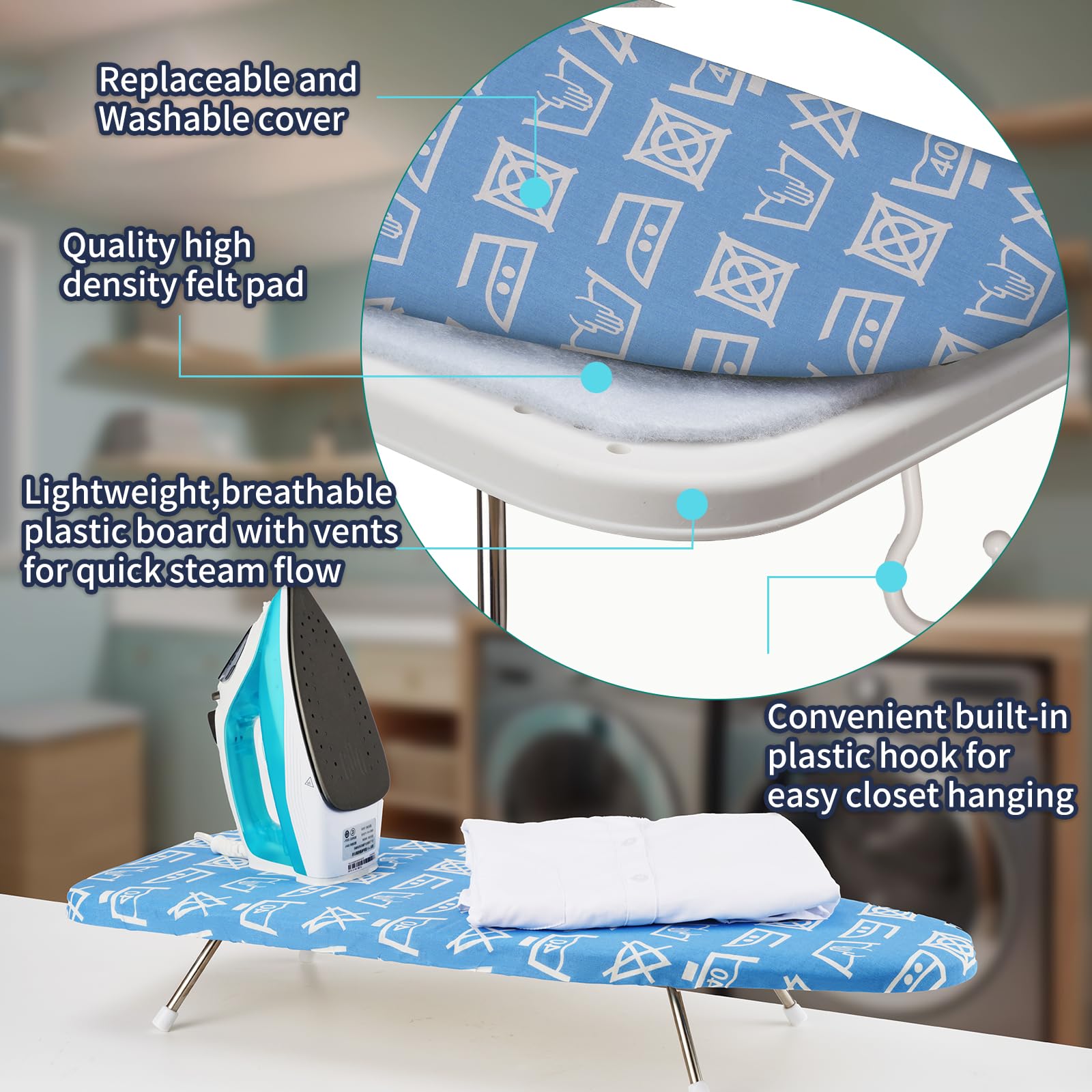 Slieton Tabletop Ironing Board 12"x29" – Portable Folding Ironing Board with Thick Felt Padding, Heat-Resistant Cover, Stainless Steel Legs, Compact & Space-Saving Design
