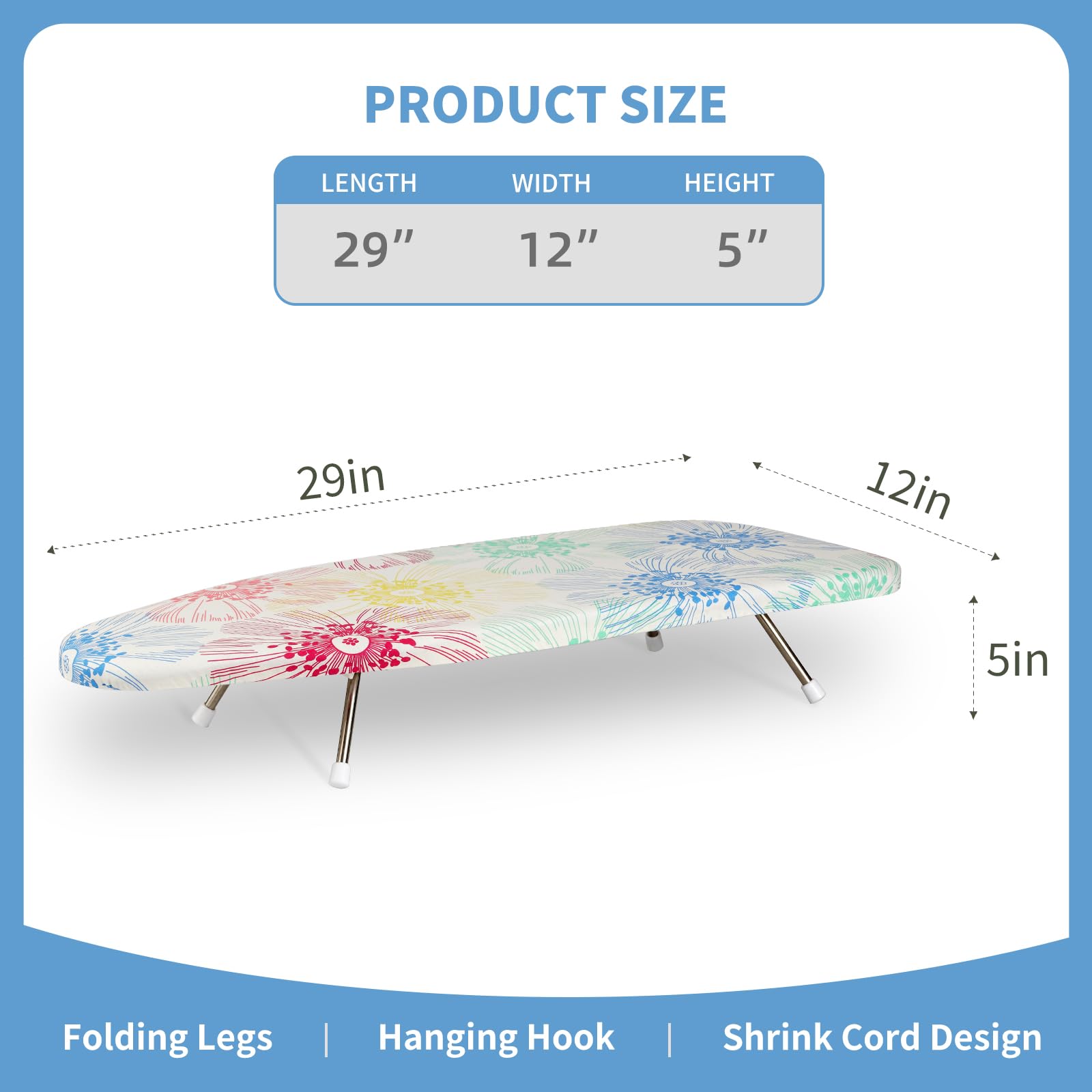 Slieton Tabletop Ironing Board 12"x29" – Portable Folding Ironing Board with Thick Felt Padding, Heat-Resistant Cover, Stainless Steel Legs, Compact & Space-Saving Design