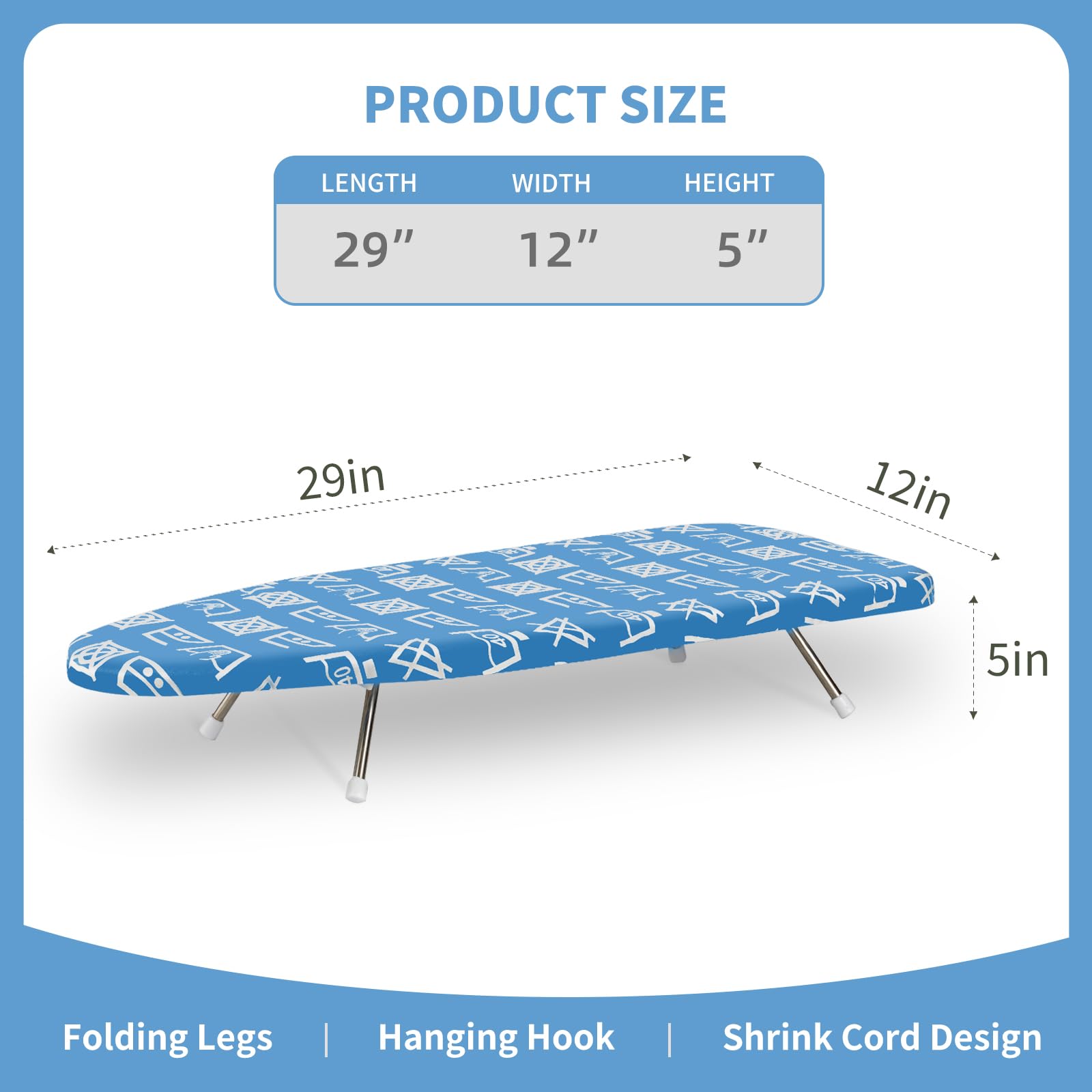 Slieton Tabletop Ironing Board 12"x29" – Portable Folding Ironing Board with Thick Felt Padding, Heat-Resistant Cover, Stainless Steel Legs, Compact & Space-Saving Design