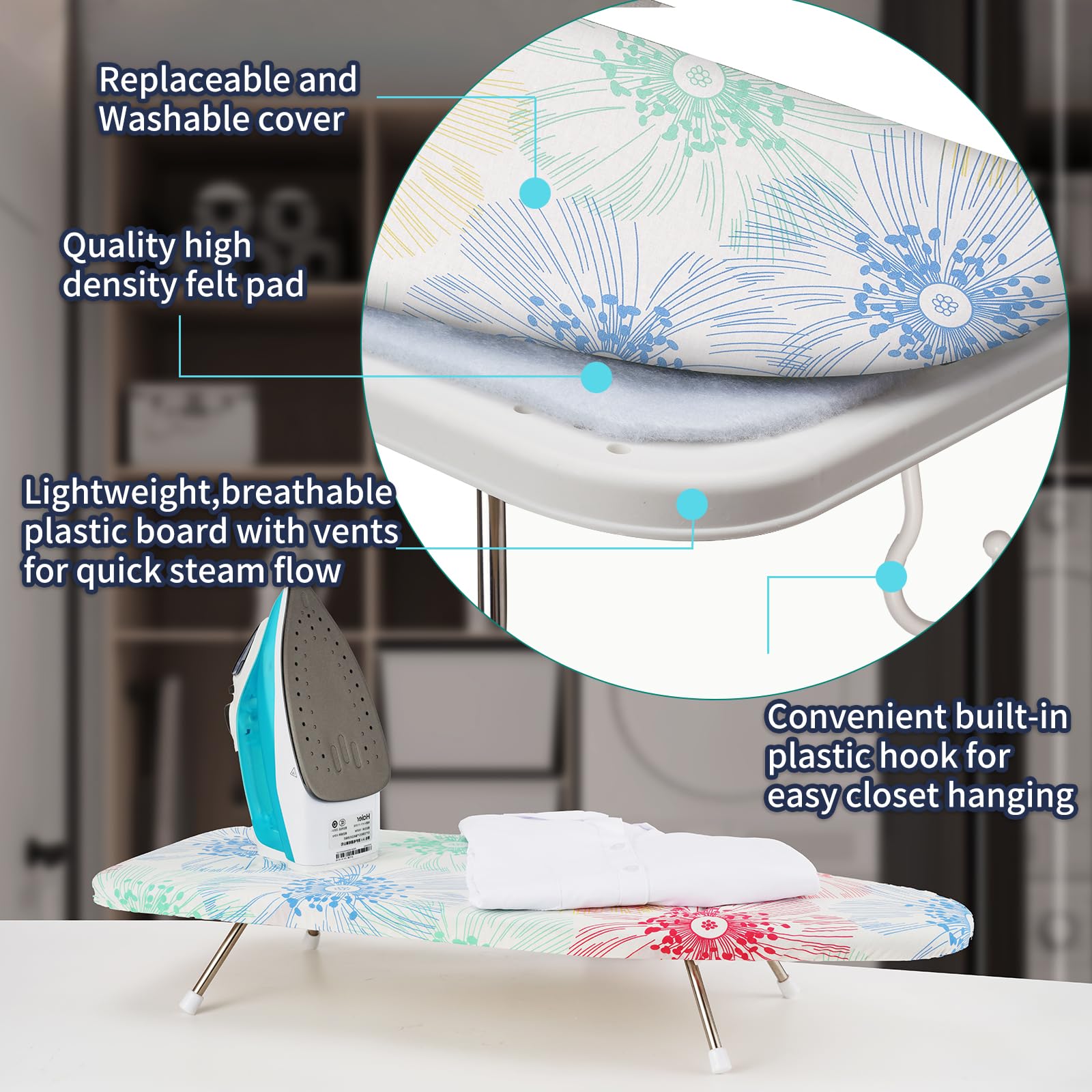 Slieton Tabletop Ironing Board 12"x29" – Portable Folding Ironing Board with Thick Felt Padding, Heat-Resistant Cover, Stainless Steel Legs, Compact & Space-Saving Design