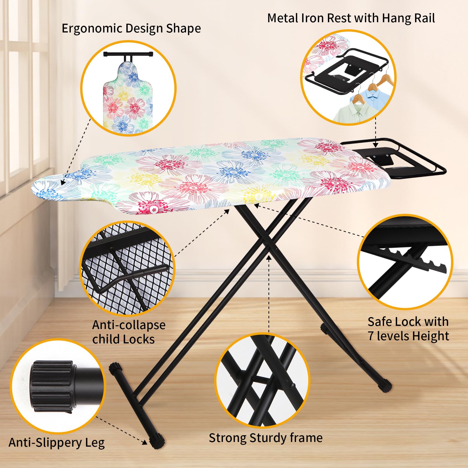 SLIETON Extra Large Ironing Board with Hang Rail and Iron Rest 64" L x 20" W x 38" H