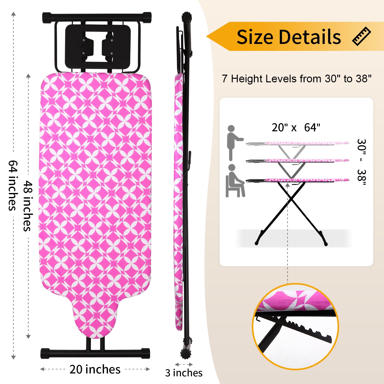 SLIETON Extra Large Ironing Board with Hang Rail and Iron Rest 64" L x 20" W x 38" H
