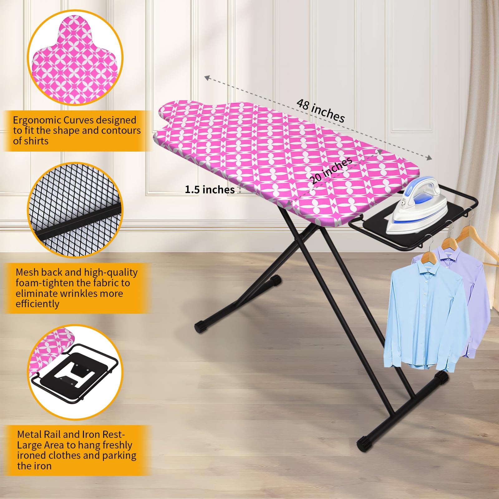 SLIETON Extra Large Ironing Board with Hang Rail and Iron Rest 64" L x 20" W x 38" H