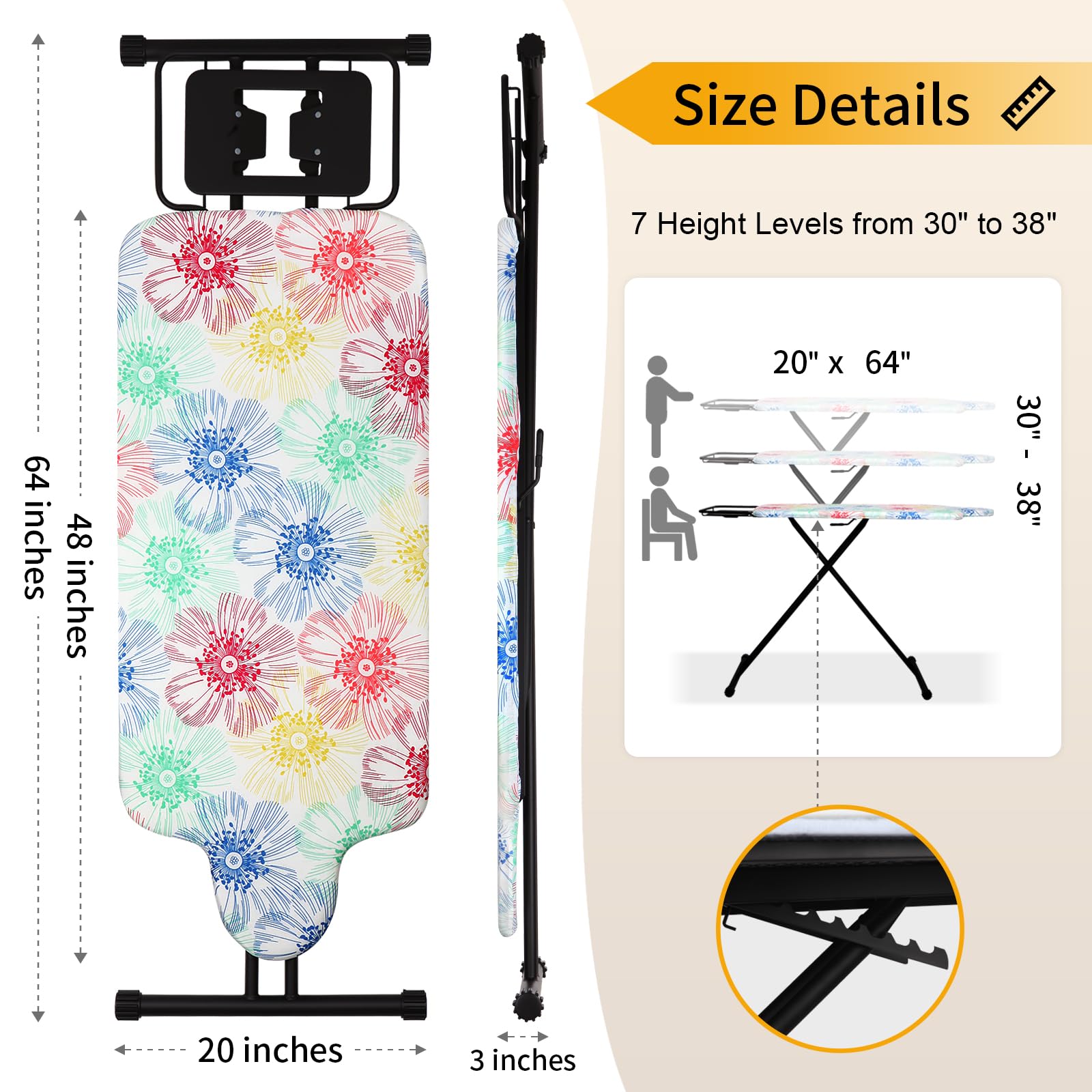 SLIETON Extra Large Ironing Board with Hang Rail and Iron Rest 64" L x 20" W x 38" H