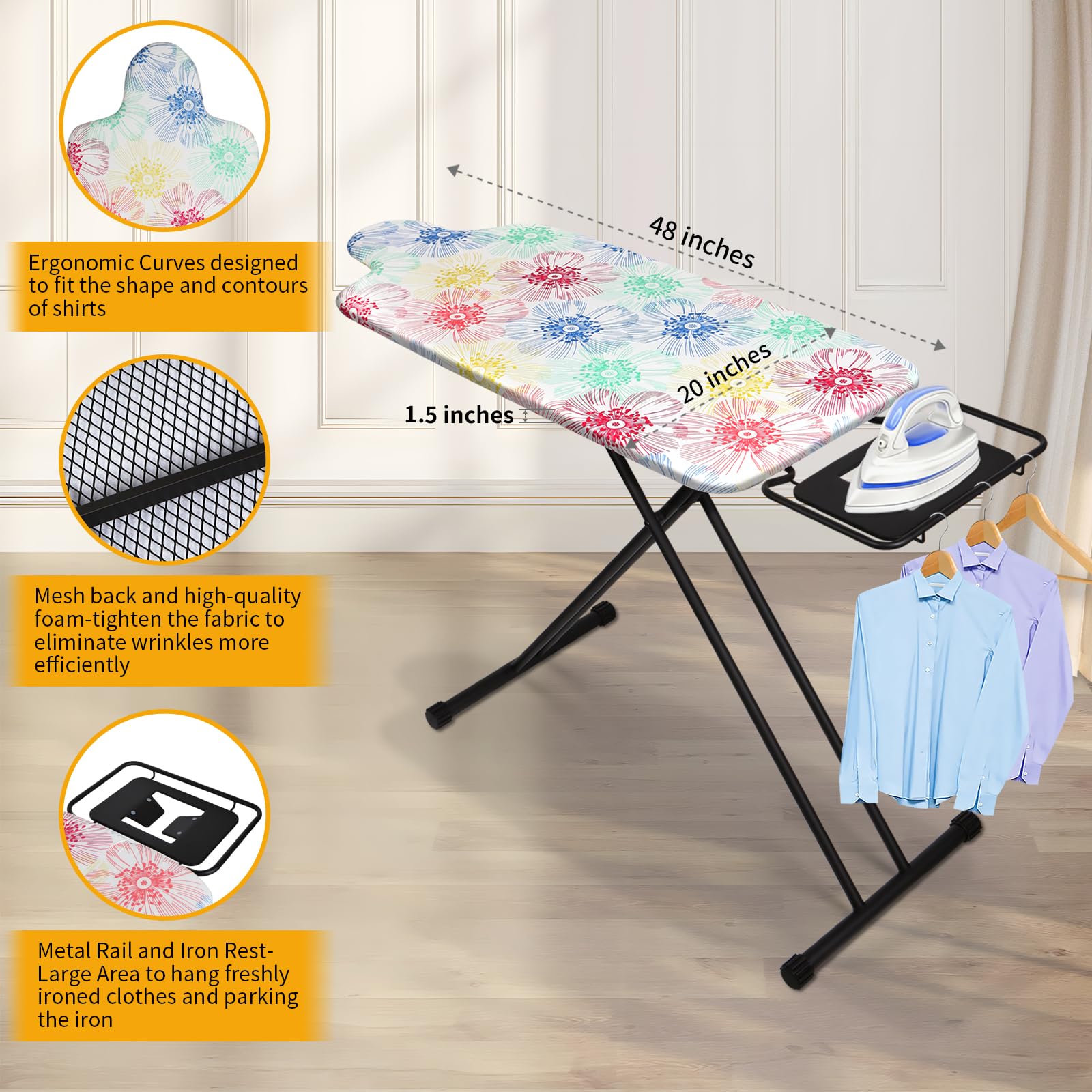SLIETON Extra Large Ironing Board with Hang Rail and Iron Rest 64" L x 20" W x 38" H