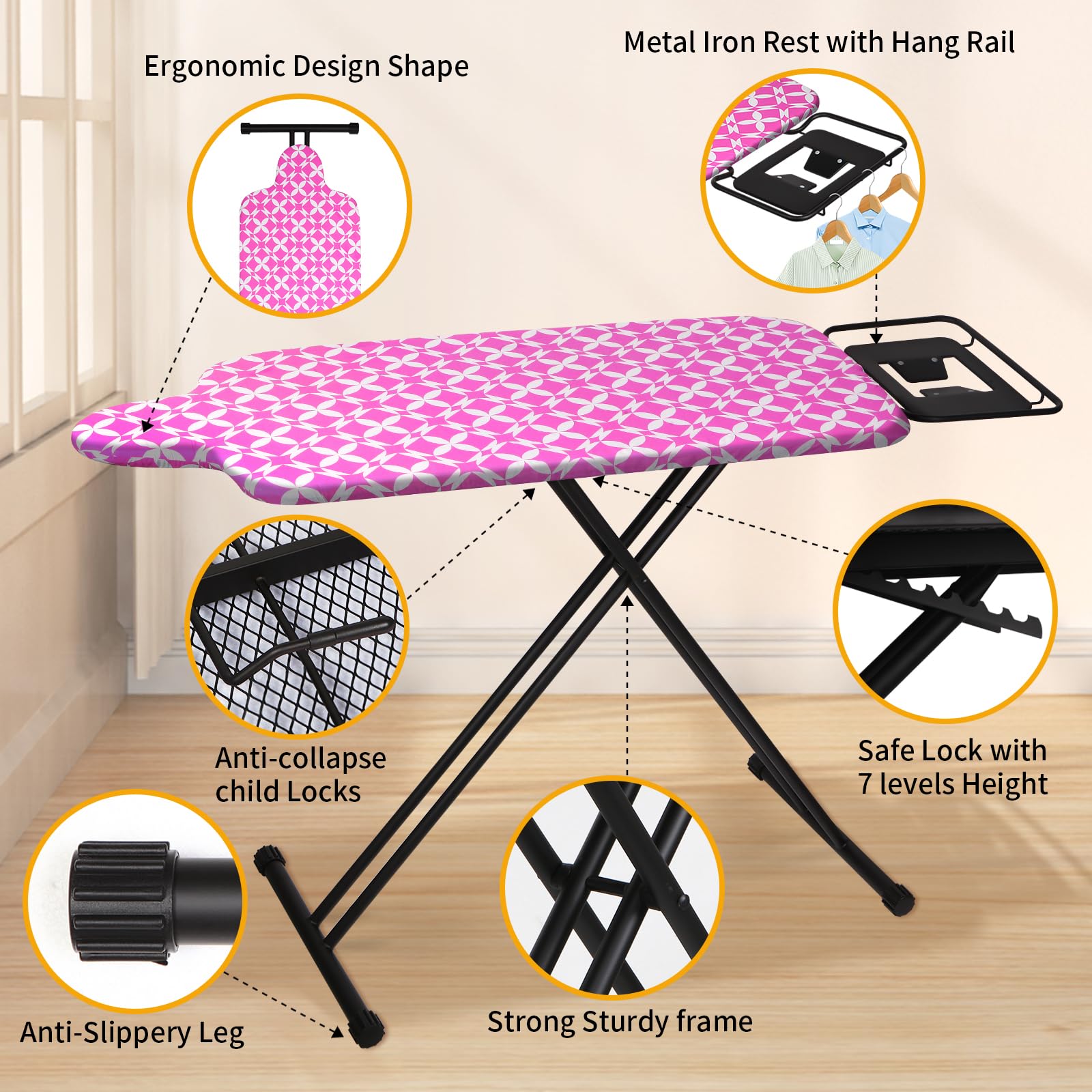 SLIETON Extra Large Ironing Board with Hang Rail and Iron Rest 64" L x 20" W x 38" H